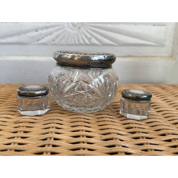Antique 30's Vanity Jars Cut Crystal Floral Wallace Sterling Silver Tops Set 3 - Picture 15 of 16